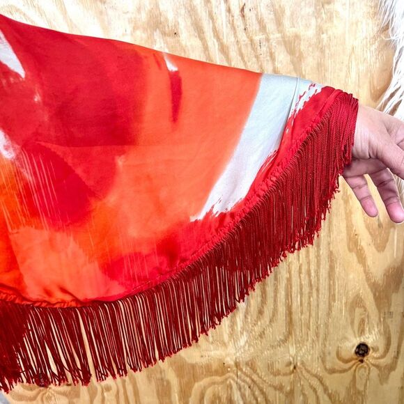 Rare KMilele Red Tie-Dye Kimono Boho Silk Top with tie fringe sleeves Sz M Gypsy - Picture 4 of 10